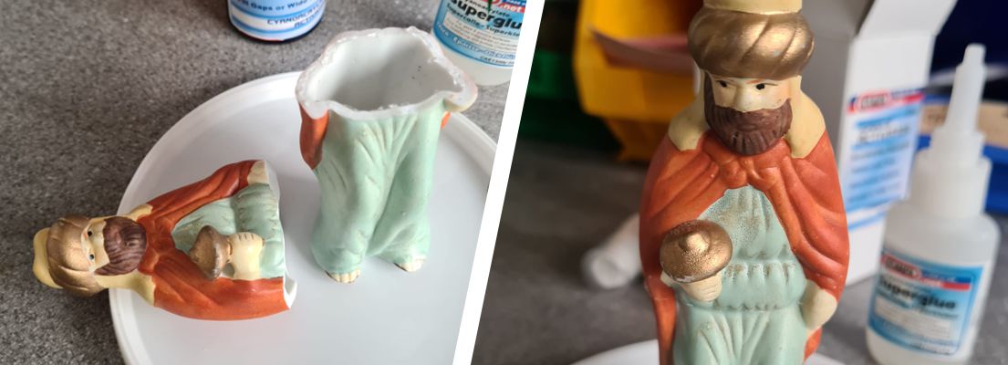 Sylmasta CAE1500 Superglue is used to repair a Christmas decoration figure of a wise man