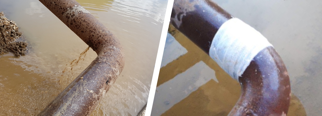 A 90 degree elbow bend in a steel pipe undergoes repair using a SylWrap Standard Pipe Repair Kit