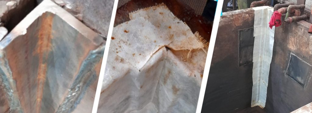 SylWrap HD reinforces welded corners as part of the repair and refurbishment of an acid tank at a chroming factory in Argentina