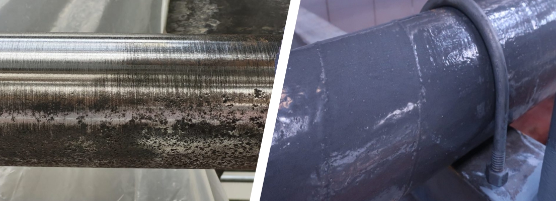 A corroded steel pipe repair in a CHP Plant using Liquid Metal Epoxy Coating and SylWrap Pipe Repair Bandage