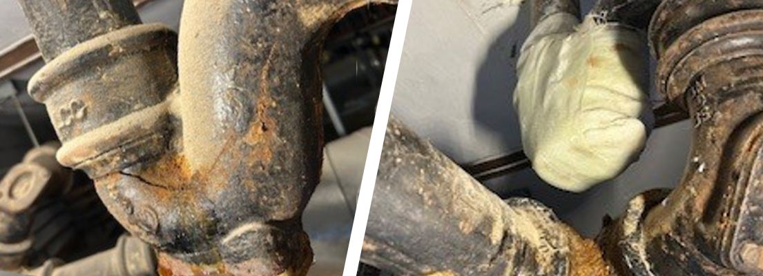A hairline crack in a cast iron waste pipe U-bend at a hospital is sealed with a SylWrap Drain & Waste Pipe Repair Kit