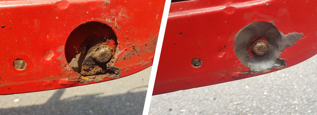 Rust holes in the metal frame of a classic car having undergone repair using Superfast Steel Epoxy Putty