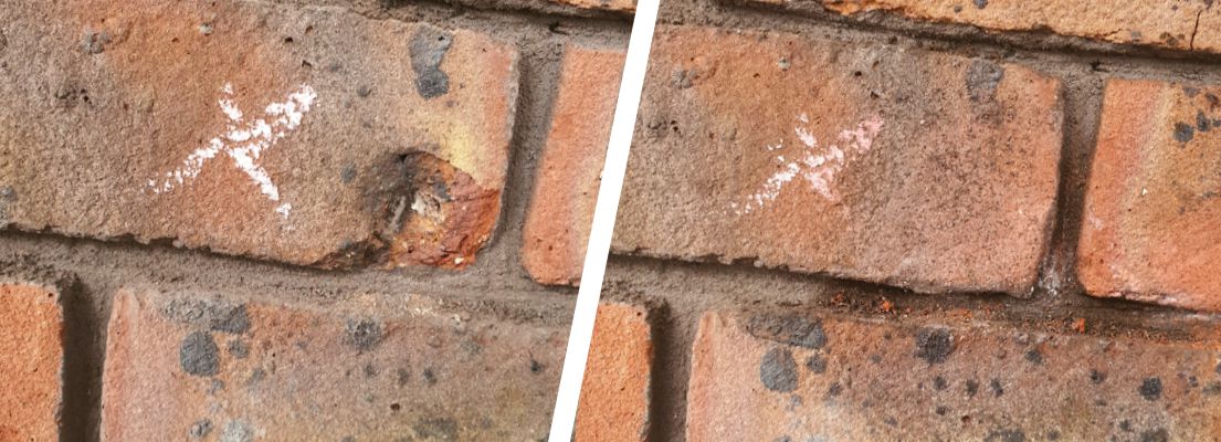 Brick restoration using Sylmasta AB Original Epoxy Putty after lime blow caused chunks of wall to fall away