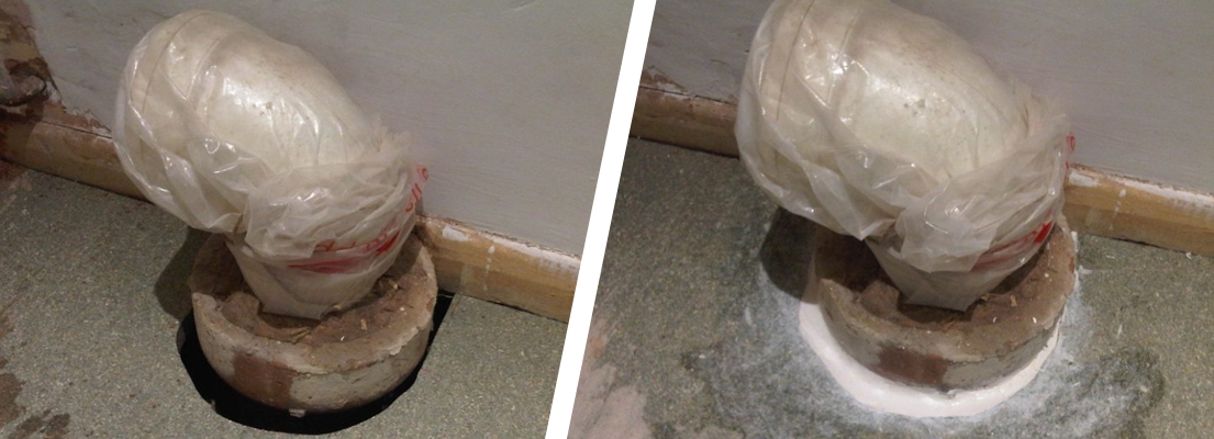 A cracked area of floor undergoes successful repair using an epoxy putty, allowing a toilet waste pipe to be connected to the sewer