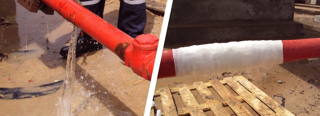 Water supply pipe in Libya before and after repair made with a SylWrap Universal Pipe Repair Kit