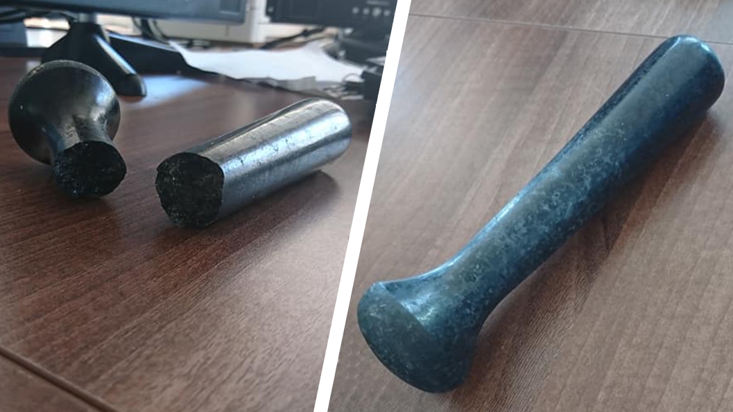 A cracked mortar and pestle set having undergone repair using Rapid 5 Minute Epoxy Adhesive