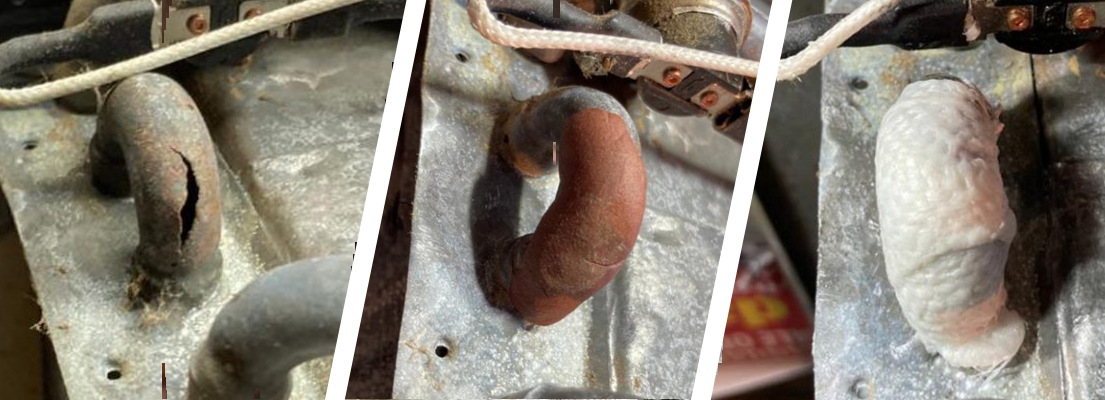 A burst copper pipe inside a portable animal shower unit undergoes repair after bursting in freezing UK temperatures