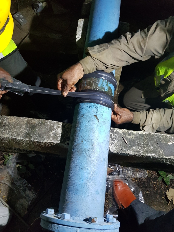 Wrap & Seal Pipe Burst Tape applied to a leaking welded saddle joint at a pumping house in Malaysia