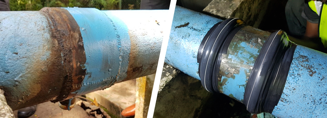 Leaking pipe saddle repair made using Wrap & Seal Pipe Burst Tape