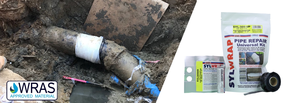 The SylWrap Universal Pipe Repair Kit fixes burst and leaking pipes of all size and types even when pressure cannot be turned off