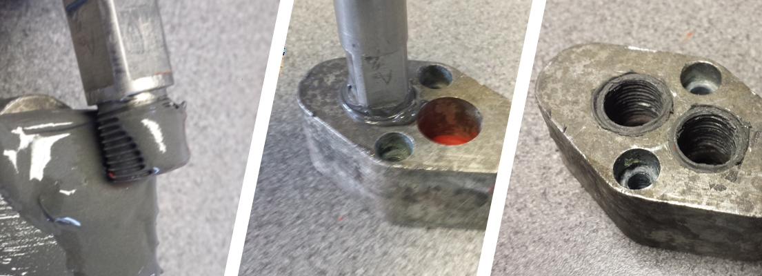 A stripped thread repair involving rebuilding the worn thread and bolthole to recreate a tighter fit between the two components