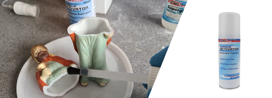 Superglue Activator accelerates the cure time of cyanoacrylate superglue and prevents glues being absorbed by porous surfaces