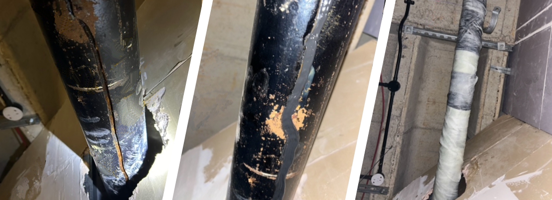 A cracked cast iron downpipe at a UK hospital undergoes repair using a SylWrap Drain & Waste Pipe Repair Kit