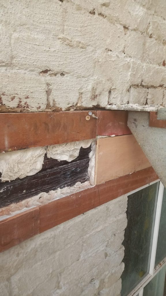 Hardwood inserts bonded to an existing rotted wood beam in a repair made with Sylmasta AB Original Epoxy Putty