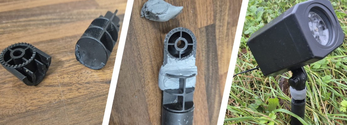 Superfast Aluminium Epoxy Putty used to repair a Christmas light projector fitting broken into a two pieces