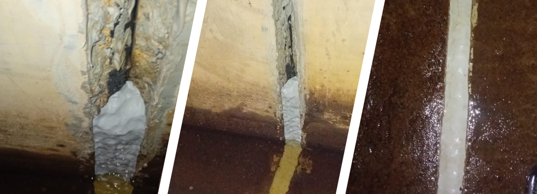 Gaps in a concrete flood defence wall repair made using Sylmasta AB Original Epoxy Putty