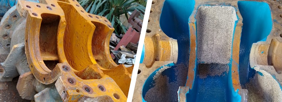 Damaged pump housing undergoes repair with WearShield Epoxy Paste and Ceramic Brushable Epoxy Coating