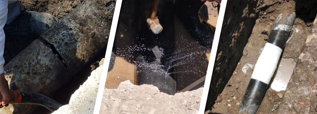 A live leak on a cement coated steel pipe supplying public water in Mexico undergoes repair with a SylWrap Contractor Case