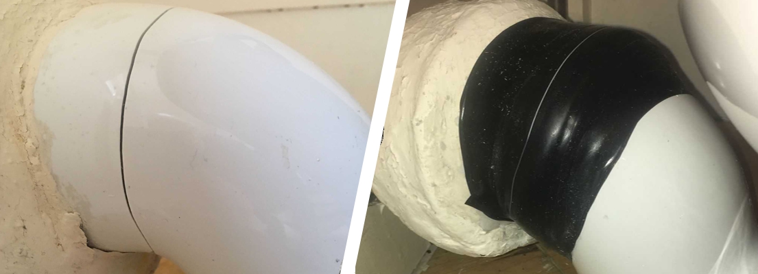 Hairline crack around the diameter of a porcelain soil pipe repair using Wrap & Seal Pipe Burst Tape