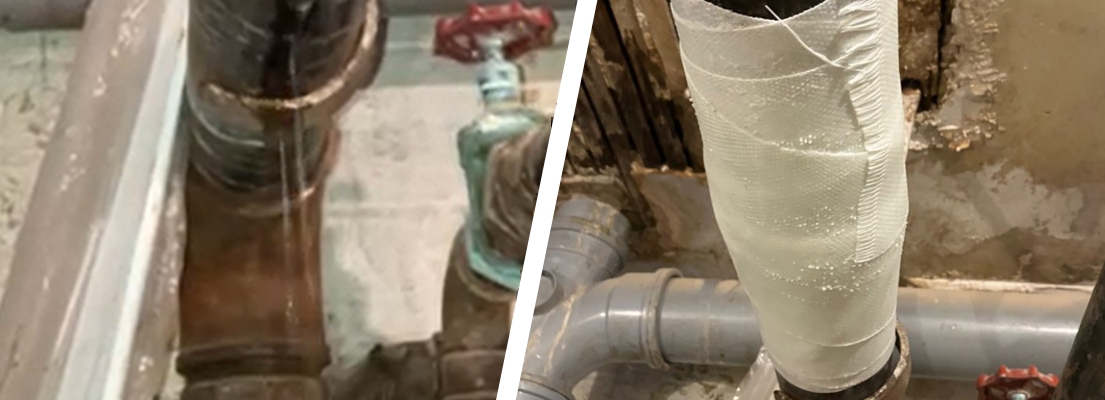 An emergency repair to a leaking heating pipe made using SylWrap Pipe Repair Kit at a nursing home during winter