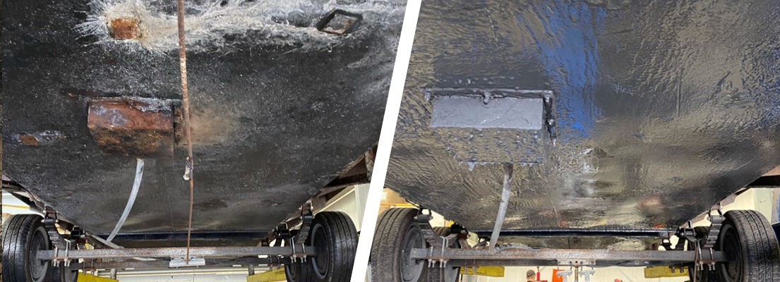 Wastewater holding tank underneath a portable toilet trailer undergo repair after corrosion caused them to leak