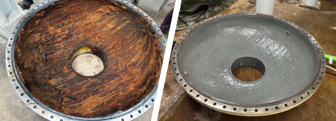 A heat exchanger water box is given robust corrosion protection measures using Sylmasta Liquid Metal Epoxy Coating