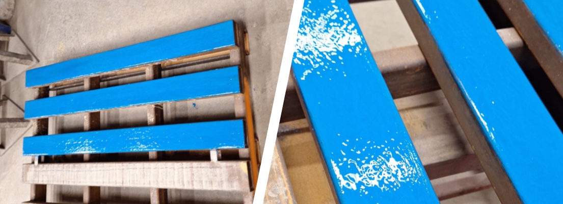 Worn metal pallet slats undergo repair and protection against future abrasion or impact damage using Ceramic Brushable Blue Epoxy Coating