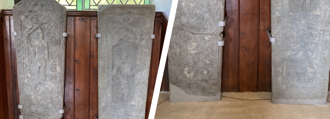 The damaged base of the Dalmally Burial Stones undergoes repair using Sylmasta AB Original Epoxy Putty