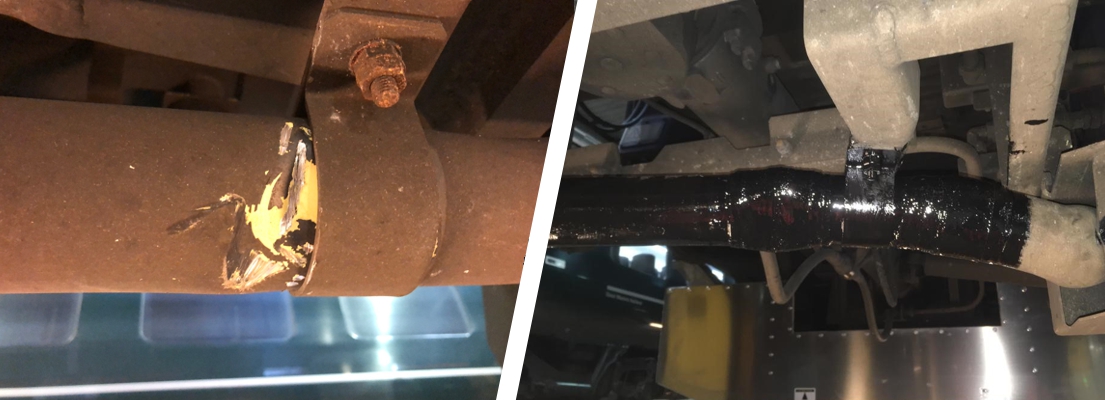 Aluminium conduit pipe carrying electrical cable underneath a train undergo repair and reinforcement with SylWrap HD Pipe Repair Bandage