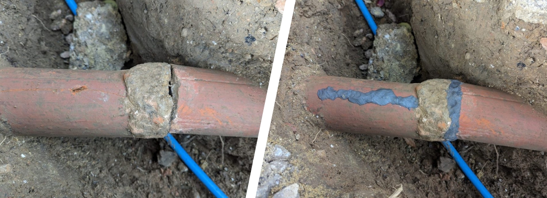 A cracked underground clay drainage pipe undergoes repair at a domestic property in the United Kingdom