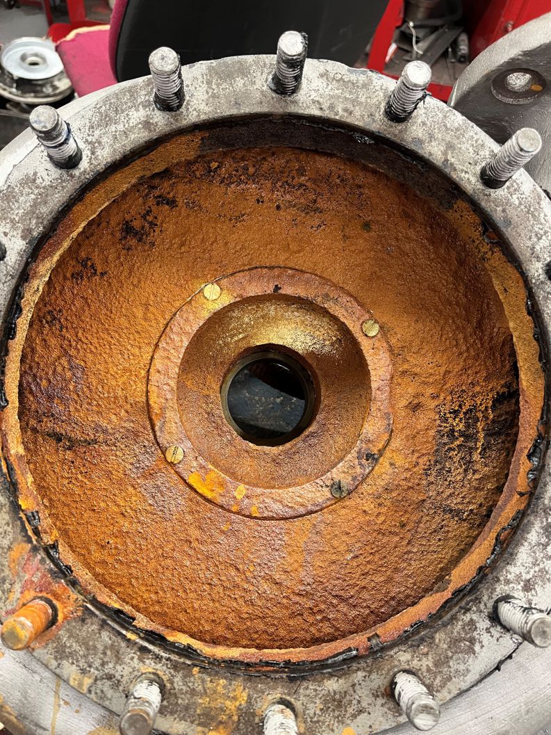 Heavily corroded Worthington-Simpson pump requiring repair but for which replacement parts were not available