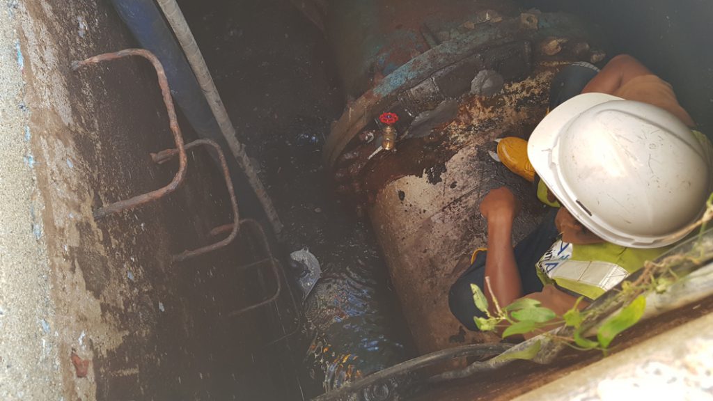 A valve fitting bonded onto a leaking steel water main in Malaysia to close off a leak in a repair made using Superfast Steel Epoxy Putty