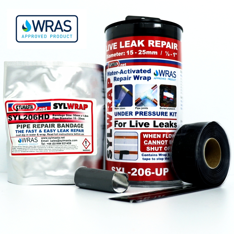 SylWrap Universal Pipe Repair Kit repairs leaks and bursts on pipes even when pressure cannot be turned off