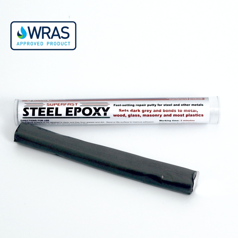 Superfast Steel Epoxy Putty seals holes and cracks on leaking pipes for permanent repair