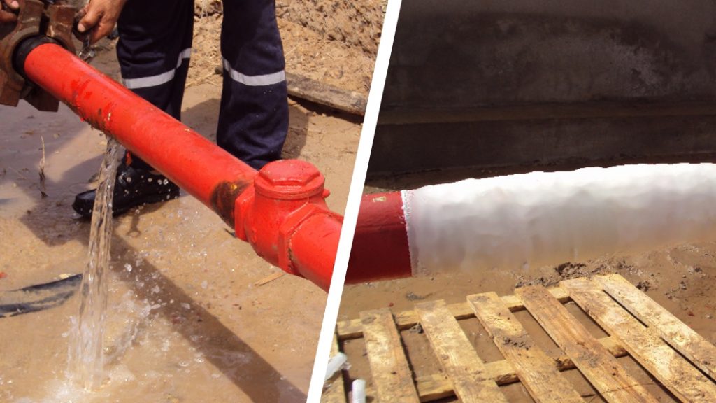 Sylmasta repair above-ground water supply network pipe in the town of Brega, Libya