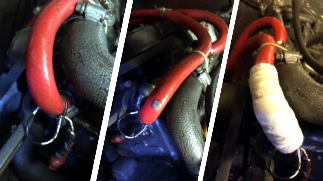 Rubber hose in a boat engine undergoes repair using a SylWrap Standard Pipe Repair Kit