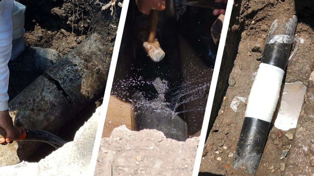 A live leak on a cement coated steel pipe supplying public water in Mexico undergoes repair with a SylWrap Contractor Case