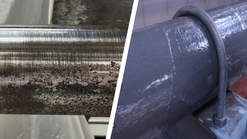 Corroded steel pipe carrying natural gas undergoes repair using Liquid Metal Epoxy Coating