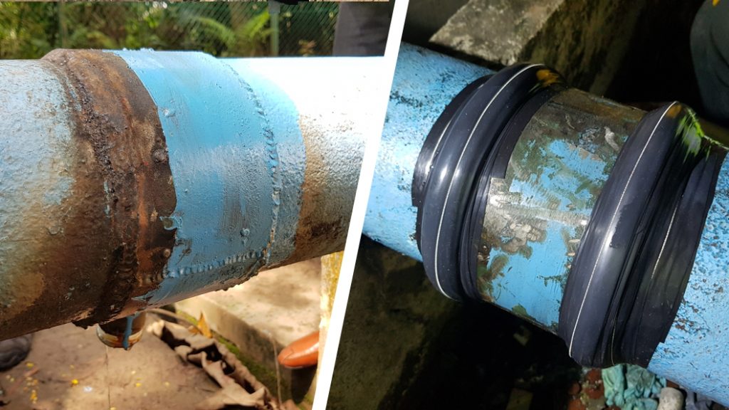 A leaking welded saddle joint on a 150mm steel pipe is sealed with a repair built over a 20mm step