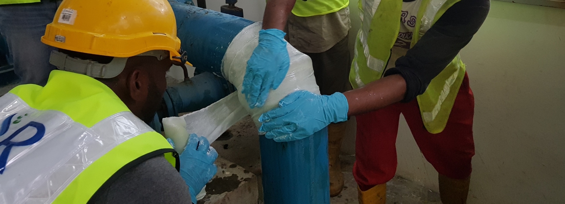 A Sylmasta repair using SylWrap Pipe Repair Bandage being made in a water pumping station in Malaysia