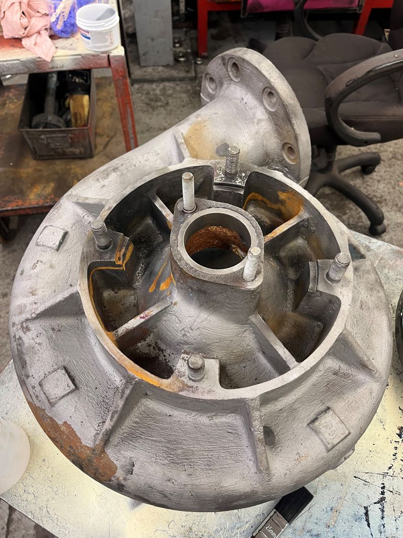 Inside of a Worthington-Simpson Pump Head Casing heavily corroded cleaned via shot-blasting