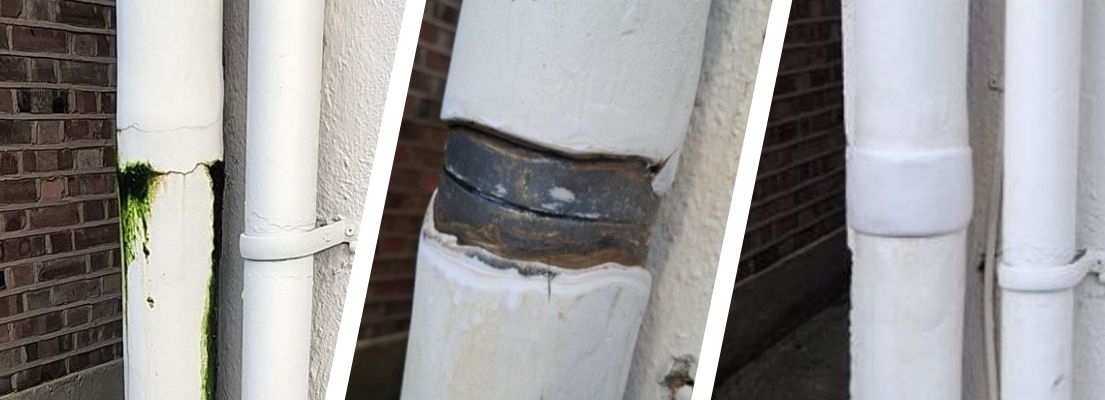 A deep crack in a soil vent pipe undergoes a disguised repair using Sylmasta AB Original Epoxy Putty