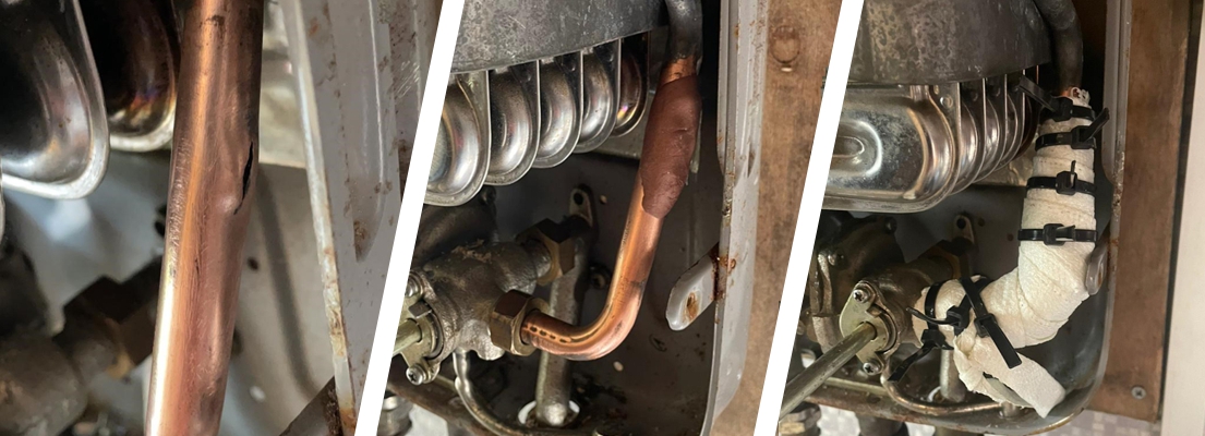 A leaking copper pipe in a camper van boiler system undergoes repair using a SylWrap Repair Kit