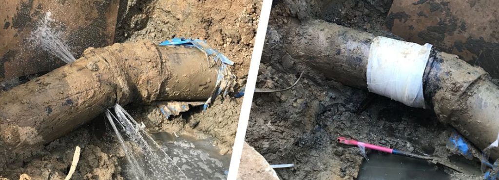 A SylWrap live leak pipe repair made at a wastewater treatment works in the United Kingdom