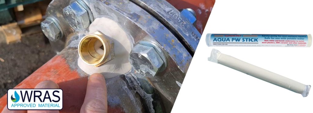 Superfast Aqua PW Epoxy Putty Stick is used for leaking underwater pipe repair